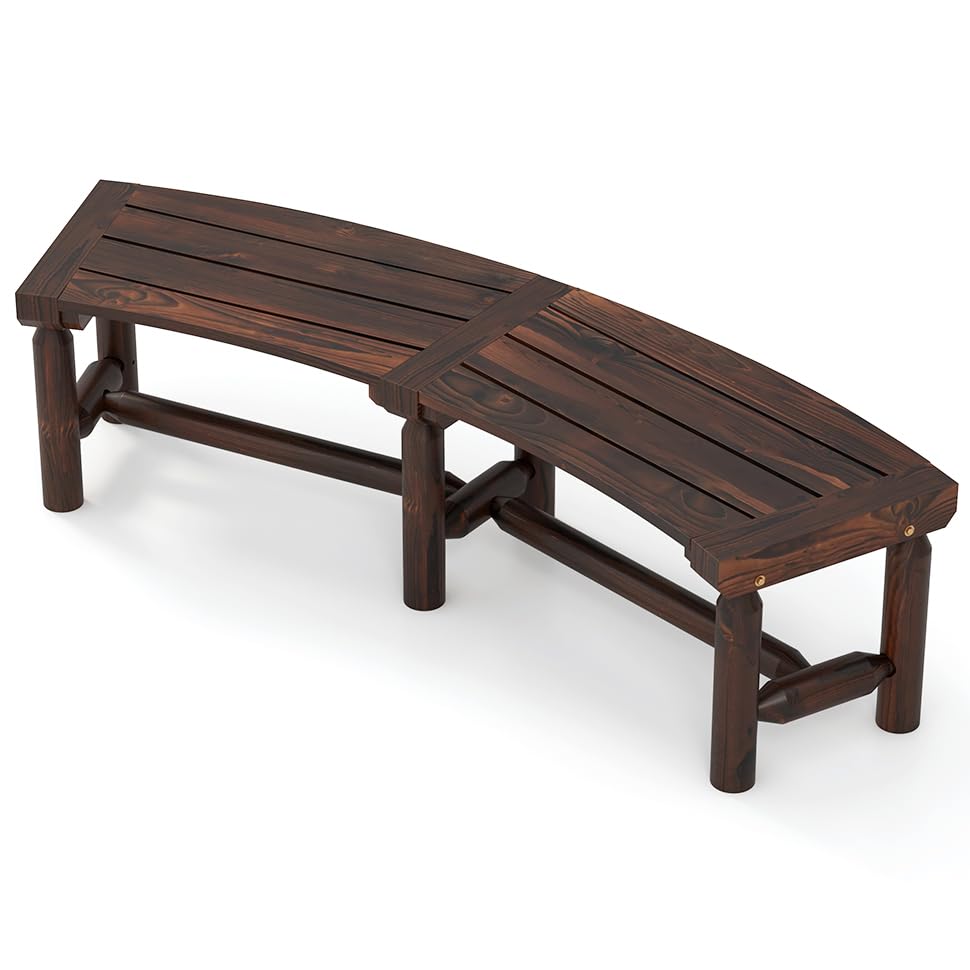 Giantex Rustic Brown Curved Outdoor Bench for 2 - Stylish Fire Pit Chair with Fir Wood Surface and Pine Legs Giantex