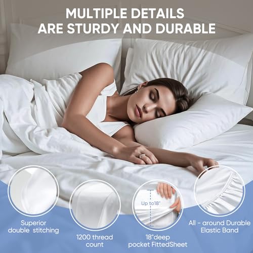 TWK 1200 TC 100% Egyptian Long-Staple Cotton Bedding Sheets Set, Luxury Hotel Style Deep Pocket with Elastic Reinforced Seams Sheet Set, Soft & Comfy Natural Sheets (White, King) TWK