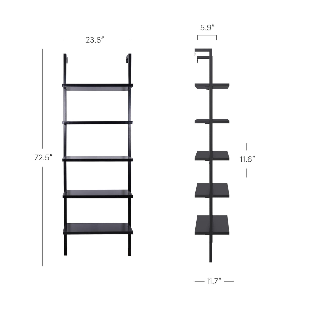 Nathan James Theo 5-Shelf Black Modern Bookcase, Open Wall Mount Ladder Bookshelf with Industrial Metal Frame Nathan James