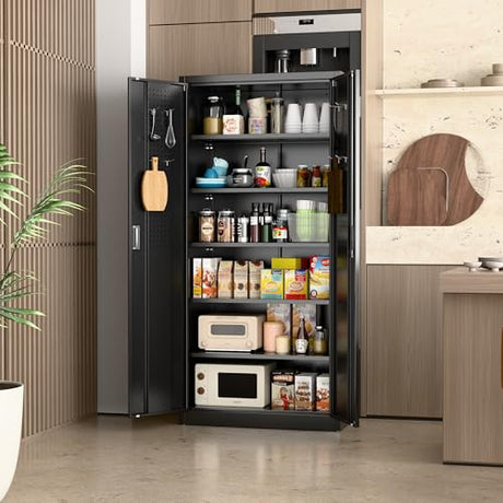 JAORD Lockable Garage Storage Cabinet with 5 Adjustable Shelves, 71" H Black Metal Storage Cabinet with 2 Pegboard Doos for Garage, Home, Assembly Required, Black JAORD