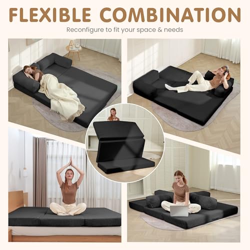 NLDD Convertible Sofa Bed King,5-in-1 Folding Boneless Couch Corduroy Futon Sofa Bed,Tri-Fold Mattress with Removable Armrests & Handle,Sleeper with Pull Out Bed for Small Space Living Room Bedroom NLDD