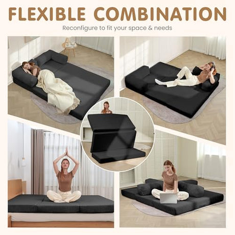 NLDD Convertible Sofa Bed King,5-in-1 Folding Boneless Couch Corduroy Futon Sofa Bed,Tri-Fold Mattress with Removable Armrests & Handle,Sleeper with Pull Out Bed for Small Space Living Room Bedroom NLDD