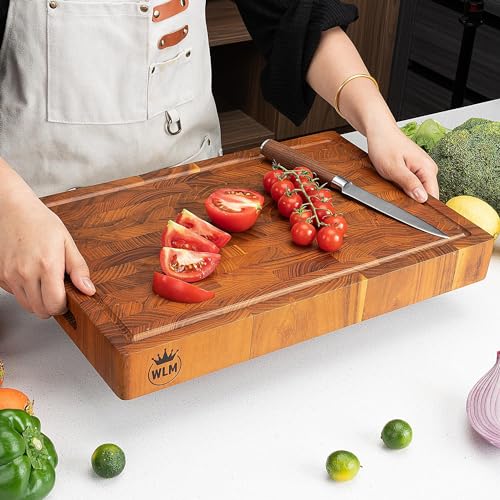 Large End Grain Teak Wood Cutting Board for Kitchen [2" Thick] with Juice Groove Conditioned with Beeswax, Linseed Oil & Lemon Oil. 17" x 11" - WoodArtSupply