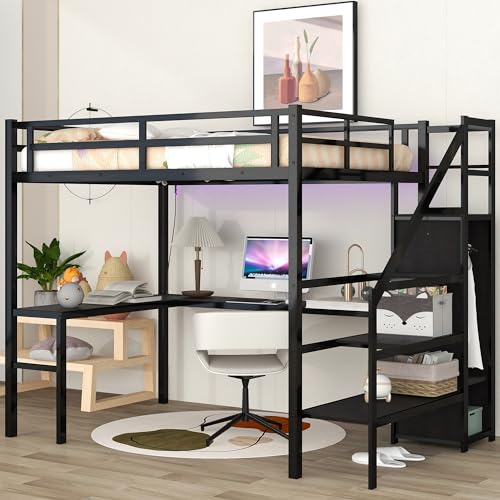 Full Size Black Loft Bed with Desk, Storage Stairs, Wardrobe, USB Charging Station, RGB LED Lights - WoodArtSupply