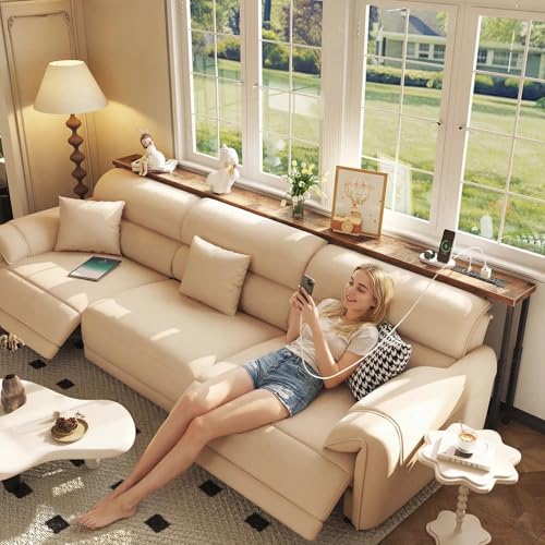 SEFILENCE 102.4’’ Narrow Console Table with 26"–34" Height Adjustable, Behind Couch Table Skinny with 2 Power Outlets and USB Ports, Long Sofa Tables for Living Room and Small Spaces, Rustic Brown SEFILENCE