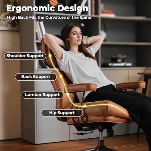 ovios Ergonomic Office Chair, High Back Faux Leather Executive Chairs with Thick Cushion, Comfy Mid-Century Modern Swivel Rolling Computer Armchair (Brown, Suede Leather) ovios