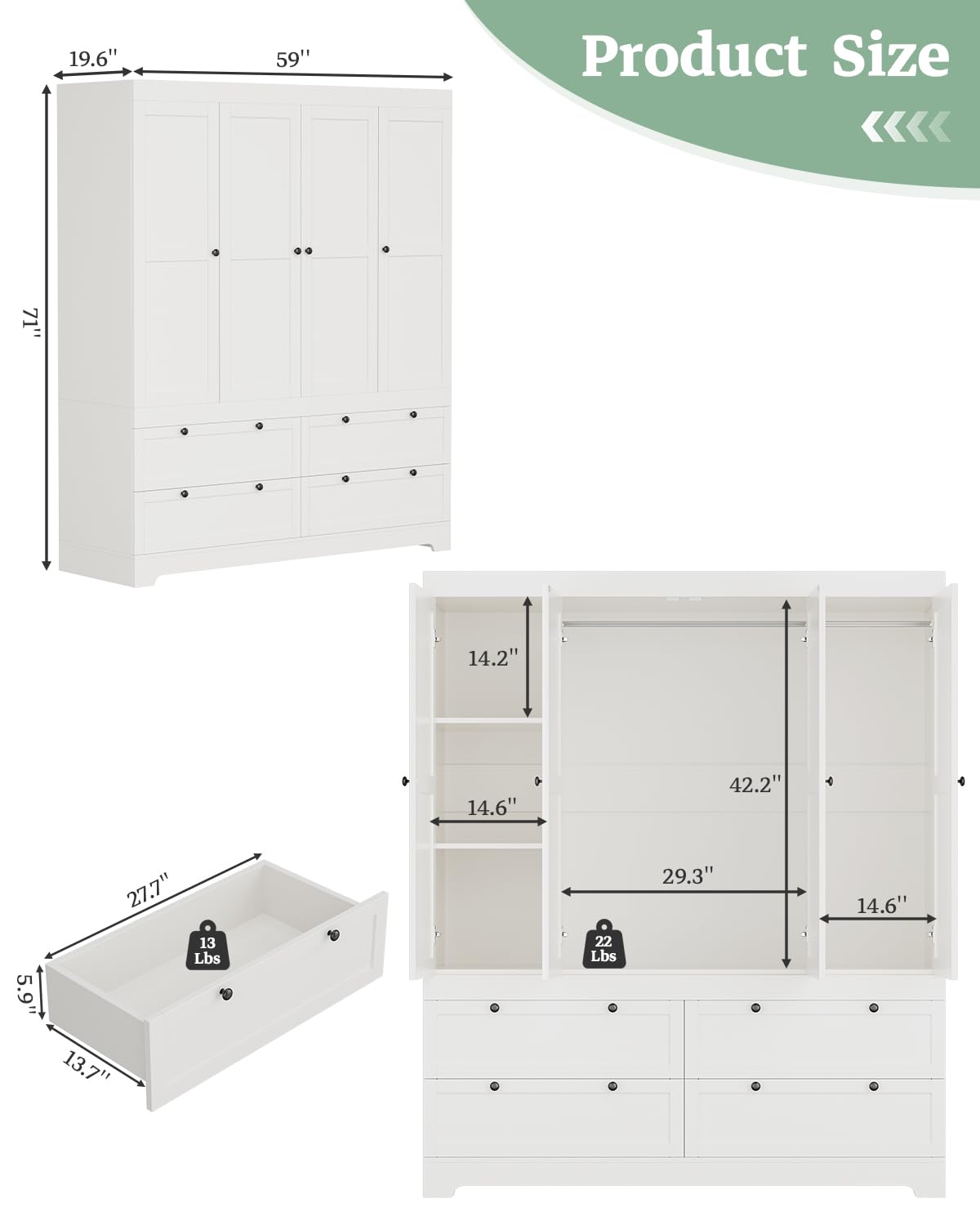 PLANNTONNEO Large White Wardrobe Closet with Drawers, Modular Closet System with Doors and Hanging Rods, Tall Large Armoire Ample Storage, Big Bedroom Armoires (4 Doors+4 Drawers) PLANNTONNEO