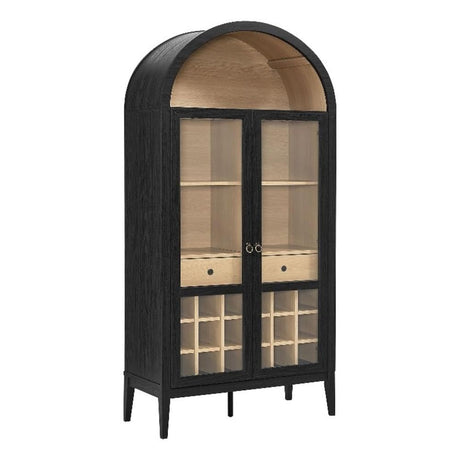 Modway Nolan Modern Farmhouse Arched Bar Cabinet in Black Wood Grain - 72 Inch Tall Wine Storage Cabinet with Glass Doors and Wine Rack - Large Liquor Cabinet for Dining or Living Room Modway