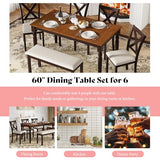 AMERLIFE 6-Piece Farmhouse Dining Table Set, 60” Solid Wood Table with 4 Upholstered Chairs & Bench, Comfortable Seating for 6, for Kitchen or Dining Room, Brown & Black Finish AMERLIFE