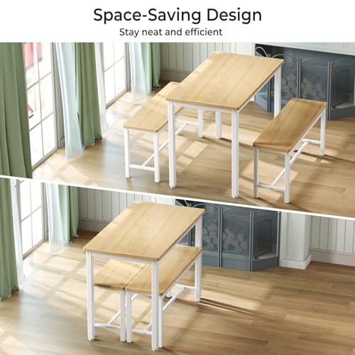 Tatub Dining Table Set for 4, 3-Piece Kitchen Table with 2 Benches, Space-Saving Dining Room Table Set for Breakfast Nook and Small Spaces, Original Tatub
