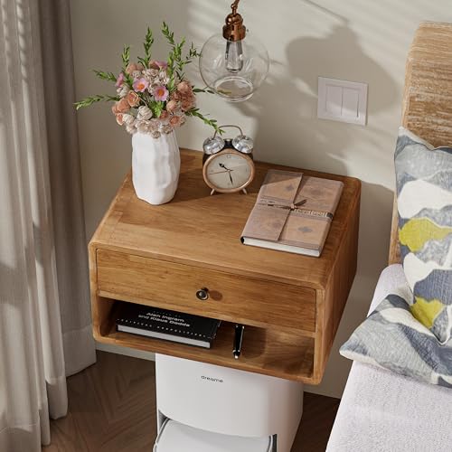 COZAYH Farmhouse Rubber Wood Floating Nightstand with Drawer and Open Shelf, Transitional Wall Mounted Side Table with Open Slot for Bedroom, Fully Assembled (Natural) COZAYH