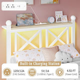 DynJest Twin White Bed Frame with Headboard and Footboard, Storage Shelf with LED Lights and Charging Station, Strong Metal Slats Support, No Box Spring Needed, Under Bed Storage, Easy Assembly DynJest