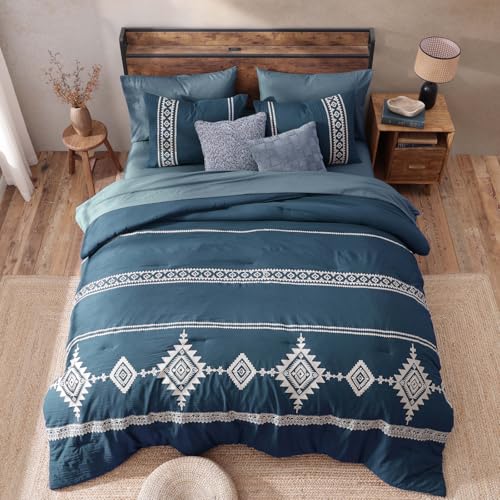 MaiRêve Embroidery Queen Size Comforter Set Navy Blue, Boho Farmhouse Western Bedding Set 7 Pieces, All Season Bed in A Bag Comforter Set with Sheets, Pillowcases & Shams MaiRêve