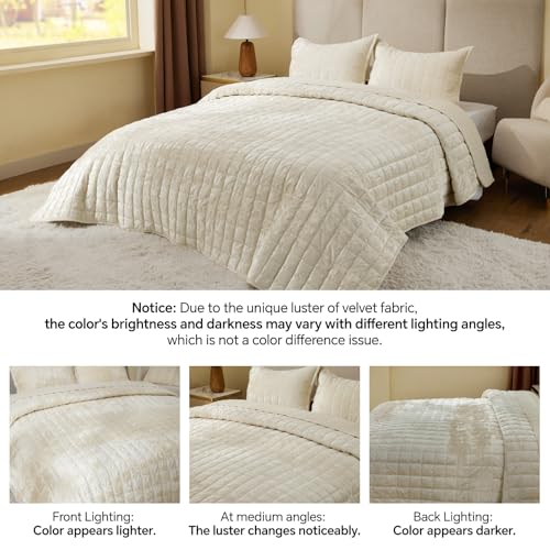 BEDELITE Velvet Quilt Set King Size - Luxury Velvet Comforter Bedding Set 3 Pieces, Lightweight Soft Cozy Shiny Cream White Oversized Bedspread Coverlet for All Seasons with 2 Pillow Shams