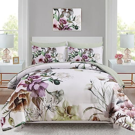 Luxudecor Floral Comforter Set Twin Size 5 Piece, Green Flower Bed in a Bag, Elegant Floral Comforter with Sheet Set, Soft Microfiber Bedding Set for All Season (Green, 68"x86") Luxudecor