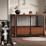 Zivanti 43'' XL Fluted Large Dog Crate Furniture with 3 Doors, Modern Indoor Decorative Dog Crate End Table, Wooden Dog Kennel Cage for Medium to Large Dogs, Walnut Zivanti