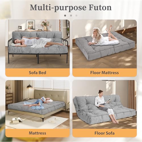 KOZIDO 8” Full Size Futon Mattress Sofa Bed, Extra Thick Foldable Floor Mattress, Shredded Foam Filling for Adults/Teens/Pets with No Assembly Needed, Frame Not Included - Grey KOZIDO
