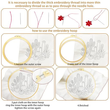BEUNITONE Cactus Embroidery Kit for Beginners, 6PC Succulent Plant Themed Needlepoint Kits for Adults with Hoops, Threads, Needles, Instructions and Full Kits, DIY Home Decor Craft Gift for Adults BEUNITONE