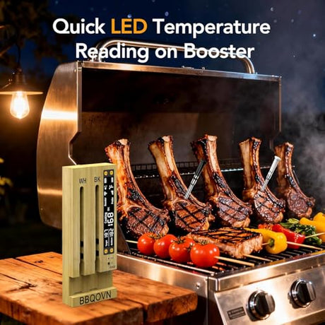 BBQOVN WiFi Sub-1G Wireless Meat Thermometer Unlimited Range 7 NIST Certified Sensors with Ambient Temp 2 Temp Monitoring Ways Digital Smart Base and App for BBQ, Smoker, Grill, Oven (Dual Probes) BBQOVN