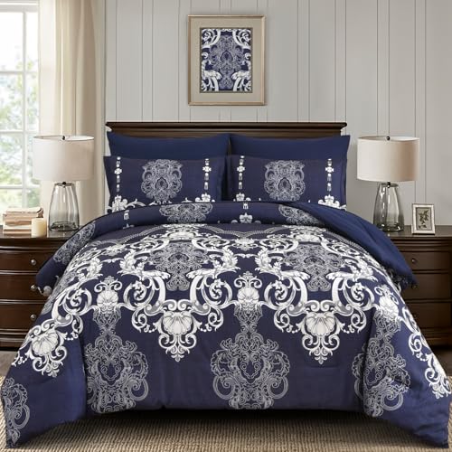 Mybedsoul 7 Pieces Navy Blue Comforter Set King Size, Damask Bed in a Bag for King Bed, Lightweight Microfiber Boho Bedding Sets with Comforter, Sheet, Pillowcases & Shams for All Season(90"x104") Mybedsoul