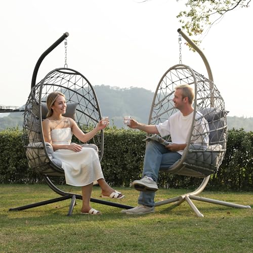RoyalCraft Hanging Egg Chair Outdoor Swing Chair with Stand, Hammock Chair Indoor, Patio Boho Wicker Hanging Chair with Stand 350lbs Capacity for Garden, Balcony, Bedroom, Beige & Gray RoyalCraft