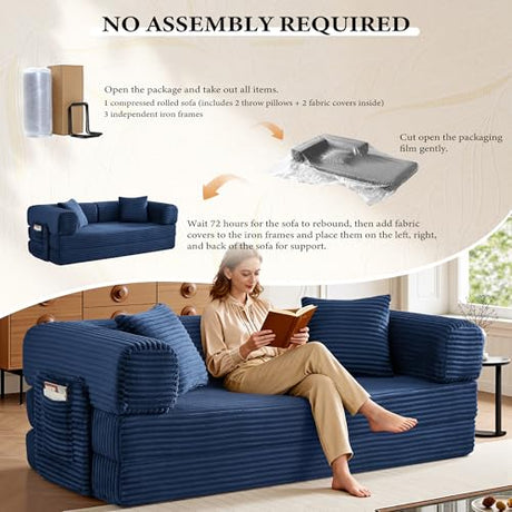 AUGOP Boneless Couch Folding Couches for Living Room Sofa, Futon Sofa Bed with Sleeper Sofa, Futon Couch with Fixed-Shape Oversized Corduroy Upholstered (Blue, 81 Inches) AUGOP