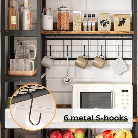 IRONCK Corner Bakers Rack with Power Outlet, Coffee Bar 6 Tier with Storage Cabinet, Vintage Industrial Microwave Stand with 6 Hooks, Kitchen Shelves with Wire Basket, Rustic Brown IRONCK