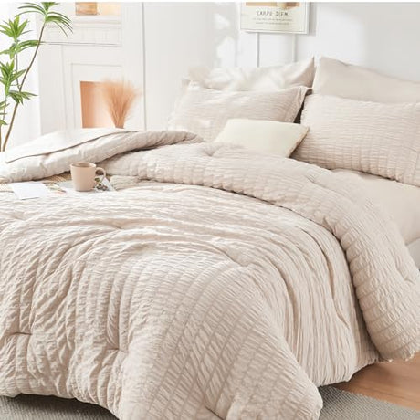 HYMOKEGE Beige Queen Comforter Set Seersucker 7 Pieces, All Season Luxury Bed in a Bag for Bedroom, Bedding Set with Comforters, Sheets, Pillowcases & Shams HYMOKEGE