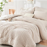 HYMOKEGE Beige Full Size Comforter Sets Seersucker 7 Pieces, All Season Luxury Bed in a Bag for Bedroom, Bedding Set with Comforters, Sheets, Pillowcases & Shams HYMOKEGE