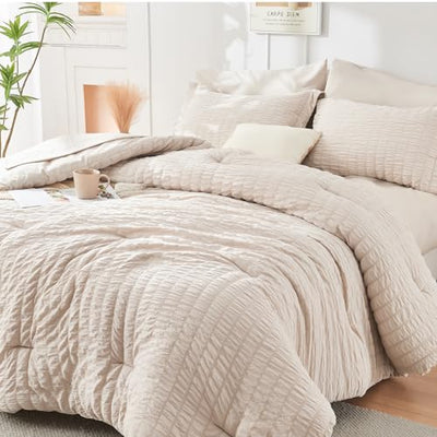 HYMOKEGE Beige Full Size Comforter Sets Seersucker 7 Pieces, All Season Luxury Bed in a Bag for Bedroom, Bedding Set with Comforters, Sheets, Pillowcases & Shams