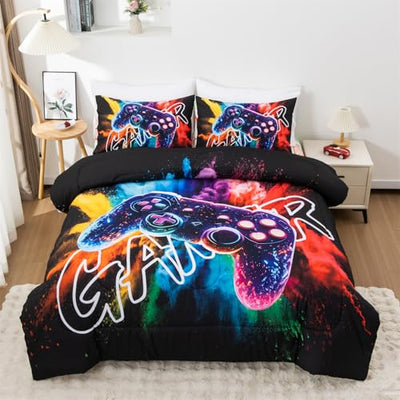 Aimuan Gamer Gaming Bedding Sets 3D Gamepad Comforter Sets for Boys Games Console Action Buttons Novelty Colorful Game Controller Modern Room Decor Home Quilt Set (Black-Purple, Twin)