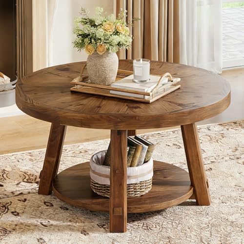 LITTLE TREE Solid Wood Coffee Table with Storage, 2-Tier Farmhouse Round Coffee Table for Living Room, Easy Assembly (Rustic Wood Color) LITTLE TREE