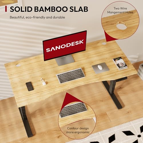 SANODESK Standing Desk 3 Stages Dual Motor 60 inch Whole-Piece Real Bamboo Desktop Height Adjustable Desk for Home Office Stand Up (Black Frame/ 60" Curved Natural Bamboo Top) SANODESK