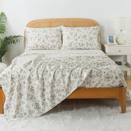 Zusbest Cotton Sheets Full Tan Floral Beige Patterned Bed Sheet Sets Vintage Peony Flower Toile Printed Bedding Luxury Soft Breathable Crisp Cooling Percale Sheets Deep Pocket 17.5'', 4 Pcs Zusbest