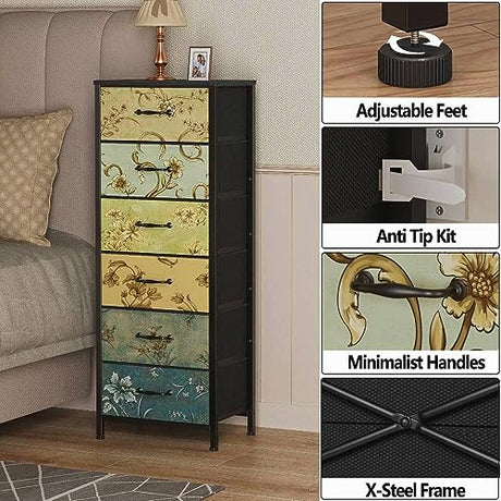 Furnulem Tall 6 Drawers Dresser, Vintage Storage Organizer Unit with Fabric Bins for Bedroom, Living Room, Closet, Nusery, Dorm, Entryway, Bedside Furniture, Sturdy Metal Frame, Wood Top Furnulem
