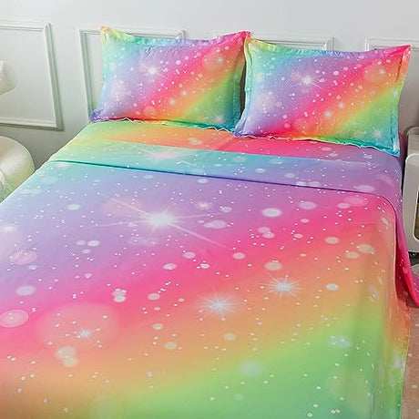 ADASMILE A & S Rainbow Fitted Bed Sheet for Kids 4 Pieces Rainbow Sheets Queen for Girls Pink Glitter Tie Dye Pastel Bed Set (1 Flat Sheet + 1 Deep Pocket Fitted Sheet and 2 Pillowcases) Bedroom Decor ADASMILE A & S