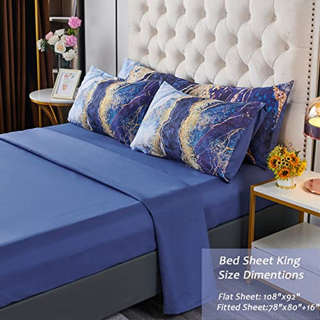 PERFEMET Watercolor Marble Pattern Comforter Sets Blue Tie Dye Bedding Set King Size 3D Printing Bed-in-A-Bag, Stylish Retro Artwork Quilt Set Durable Soft Bed Collections 6 Pieces(Blue,King Size) PERFEMET