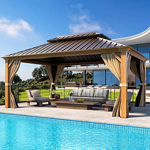 MELLCOM 12' X 16' Hardtop Gazebo, Wooden Finish Coated Aluminum Frame Gazebo with Galvanized Steel Double Roof, Brown Metal Gazebo with Curtains and Nettings for Patios, Gardens, Lawns MELLCOM