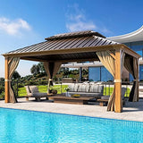 MELLCOM 12' X 16' Hardtop Gazebo, Wooden Finish Coated Aluminum Frame Gazebo with Galvanized Steel Double Roof, Brown Metal Gazebo with Curtains and Nettings for Patios, Gardens, Lawns MELLCOM