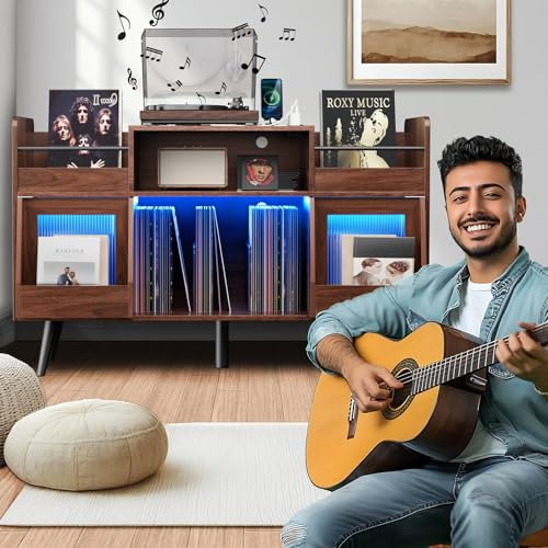 Loomie XL Record Player Stand,Turntable Stand Shelf with with Power Outlet and LED Light,Vinyl Record Storage Cabinet Up to 500 Albums, Wood Record Player Holder Table for Living Room Loomie