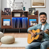 Loomie XL Record Player Stand,Turntable Stand Shelf with with Power Outlet and LED Light,Vinyl Record Storage Cabinet Up to 500 Albums, Wood Record Player Holder Table for Living Room Loomie