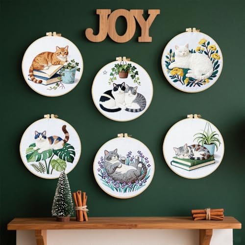 FREEBLOSS 6 Set Embroidery Kit Cat and Flower Stamped Embroidery Starter Kit with Step by Step Instructions, Colored Threads, 2 Hoops, Needlepoint Kits for Hand Craft Lovers Gift, 30cm/11.8inch