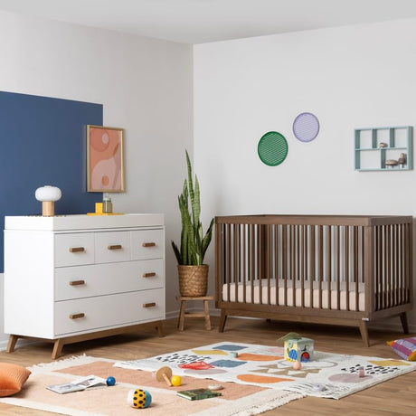 dadada Soho Baby Nursery Furniture Set. Baby Crib and Dresser Set Combo. Soho 3-in-1 Convertible Crib and Matching 5 Drawer Dresser. Walnut Beechwood dadada