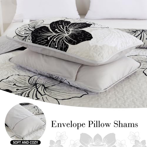 DJY Black White Quilt Set Queen 3 Pieces Floral Bedding Quilt Set Soft Botanical Bedspread with 2 Pillow Shams Lightweight Flower Quilt Coverlet Set for All Season 90''x 96'' DJY