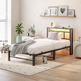 Maliacife Twin Bed Frame with Headboard,Single Bed Frame with Charging Station and LED Lights,Metal Platform Bed Twin Sizes,No Box Spring Needed,Easy Assembly,Black (Sand Black, Twin) Maliacife