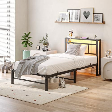 Maliacife Twin Bed Frame with Headboard,Single Bed Frame with Charging Station and LED Lights,Metal Platform Bed Twin Sizes,No Box Spring Needed,Easy Assembly,Black (Sand Black, Twin) Maliacife