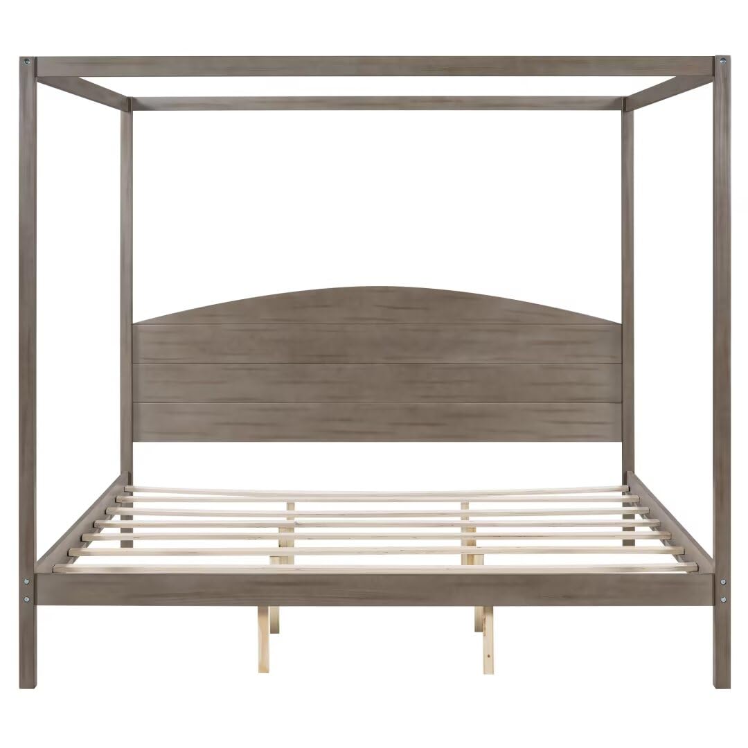 JIJIWANG King Size Canopy Bed Wood Platform Bed Frame with Headboard and Slat Support Leg, 4 Posters King Bed Frame for Kids Teens Adults - Brown Wash JIJIWANG