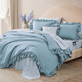 BLOOMHAVEN Queen Comforter Set - 7 Pieces Ruffle Blue Bedding Sets, Shabby Chic Farmhouse Bed in a Bag Queen with Ruffle Comforter, Floral Sheets, Pillowcases & Shams BLOOMHAVEN