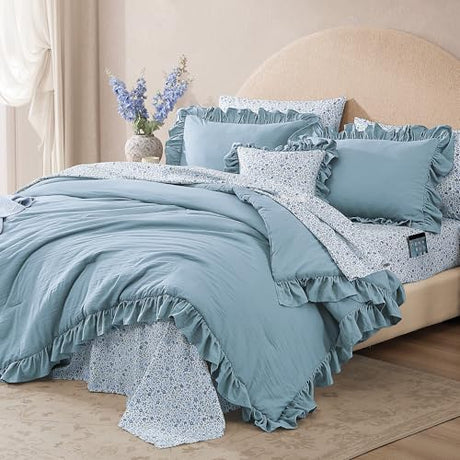 BLOOMHAVEN Queen Comforter Set - 7 Pieces Ruffle Blue Bedding Sets, Shabby Chic Farmhouse Bed in a Bag Queen with Ruffle Comforter, Floral Sheets, Pillowcases & Shams BLOOMHAVEN