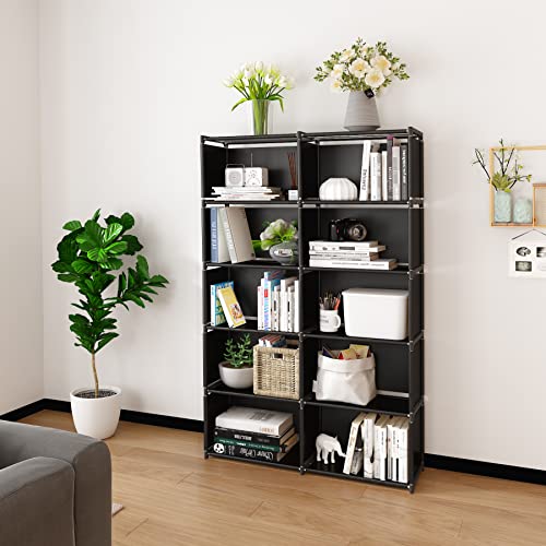 MOYIPIN Black Vertical Bookshelf with 10 Grids – Versatile Storage Rack for Bedroom and Living Room - WoodArtSupply